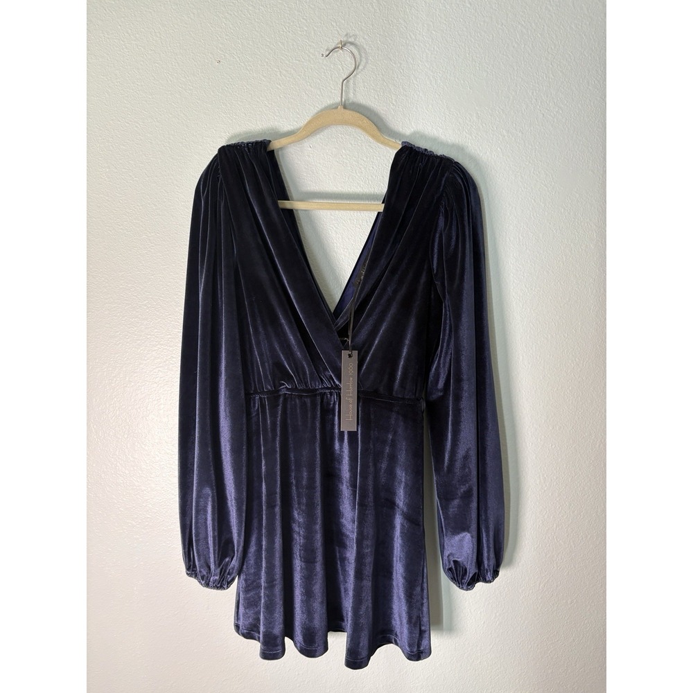House of Harlow 1960 x Revolve Garnet Velvet Mini Dress Blue V-Neck Med NWT